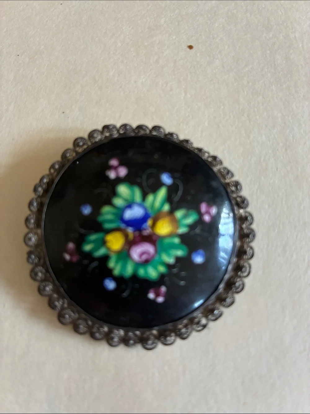 Antique brooch Painted Flowers Champlevé Enamel pin Cut Steel Border